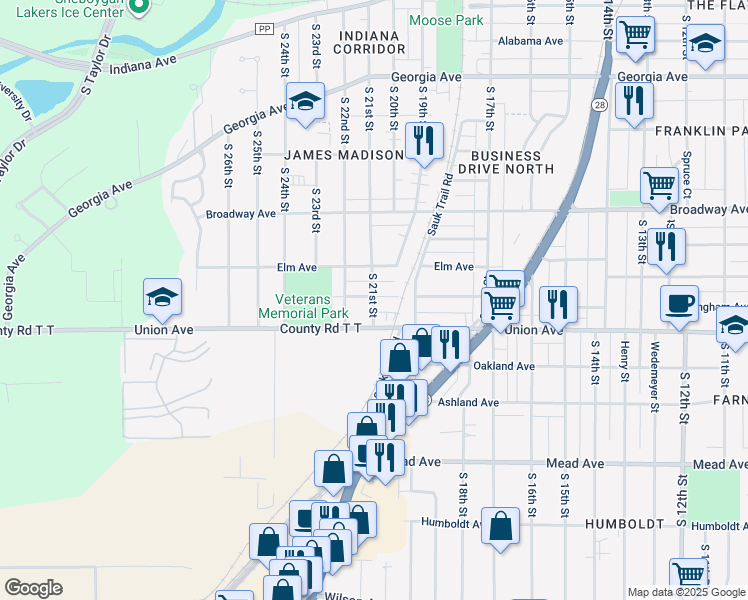 map of restaurants, bars, coffee shops, grocery stores, and more near 2104 Union Avenue in Sheboygan