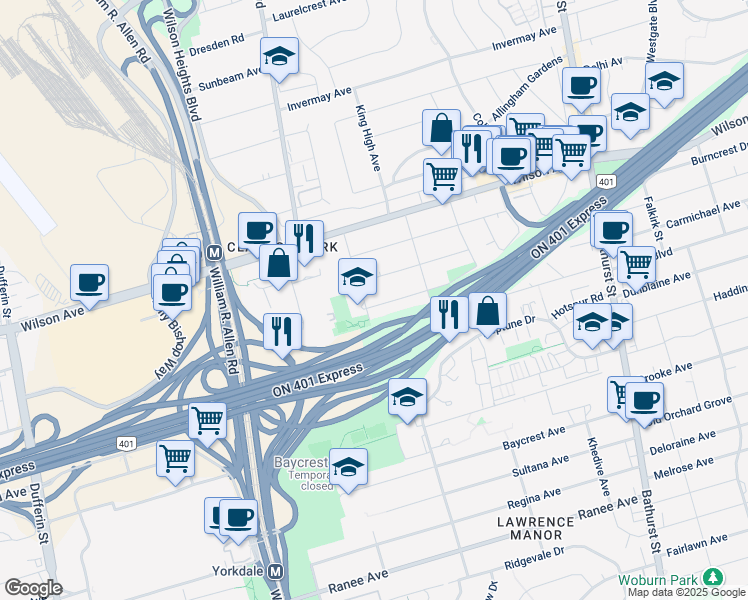 map of restaurants, bars, coffee shops, grocery stores, and more near in Toronto