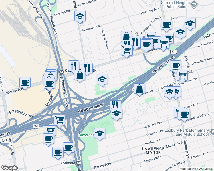 map of restaurants, bars, coffee shops, grocery stores, and more near 54 Touraine Avenue in Toronto