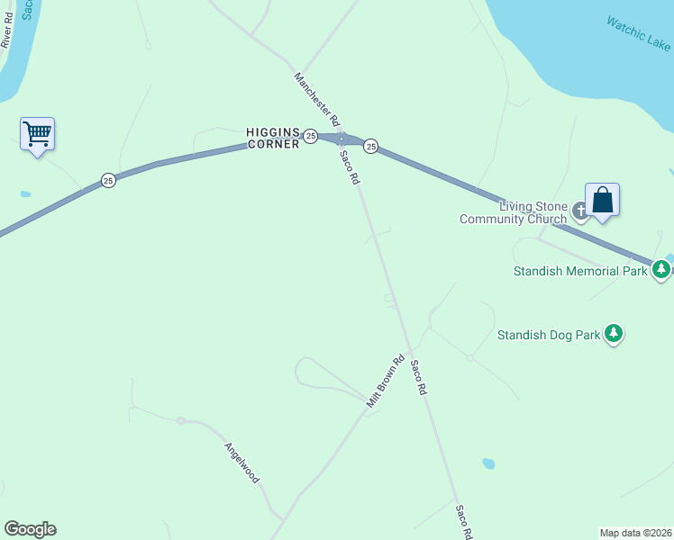 map of restaurants, bars, coffee shops, grocery stores, and more near 73 Saco Road in Standish