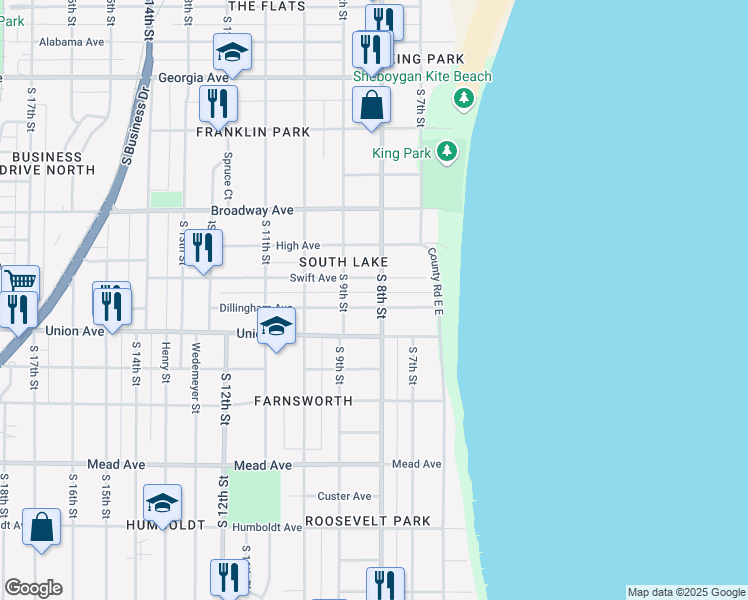 map of restaurants, bars, coffee shops, grocery stores, and more near 825 Dillingham Avenue in Sheboygan