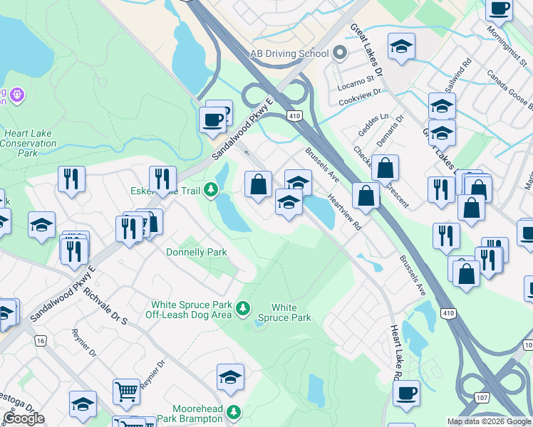 map of restaurants, bars, coffee shops, grocery stores, and more near 76 Forestgrove Circle in Brampton