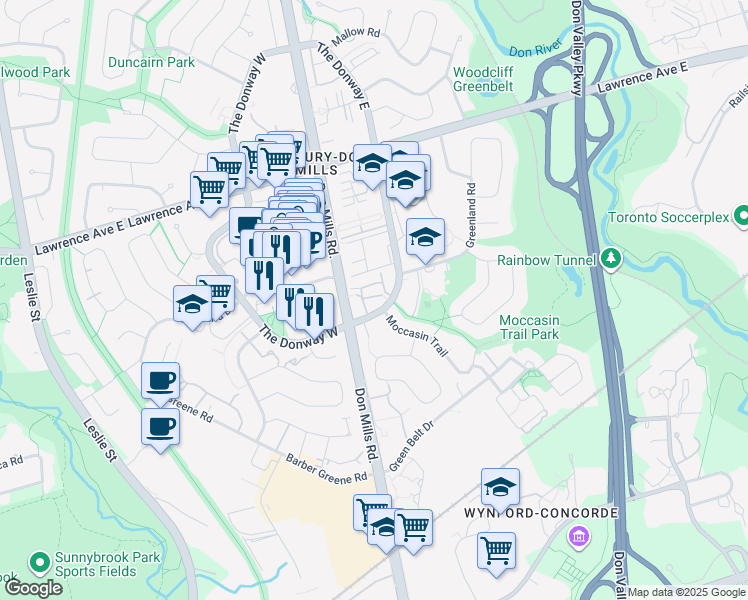 map of restaurants, bars, coffee shops, grocery stores, and more near 4 The Donway East in Toronto
