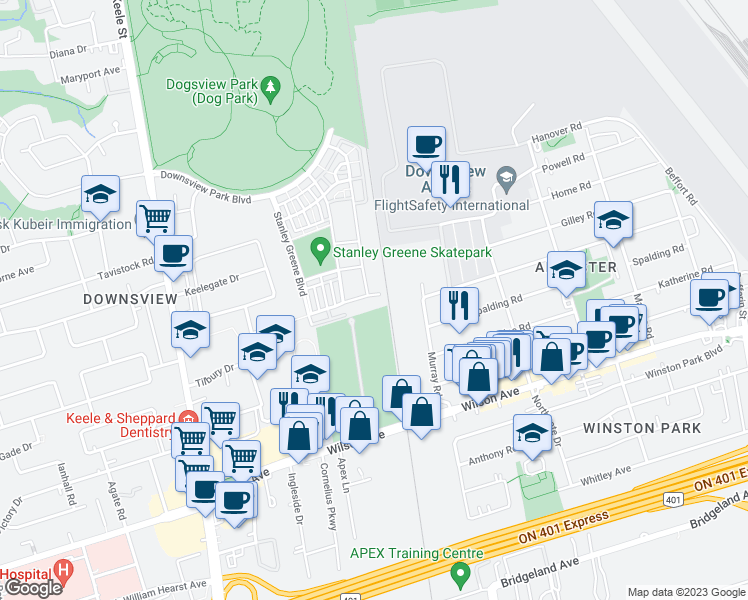 map of restaurants, bars, coffee shops, grocery stores, and more near 39 John Perkins Bull Drive in Toronto