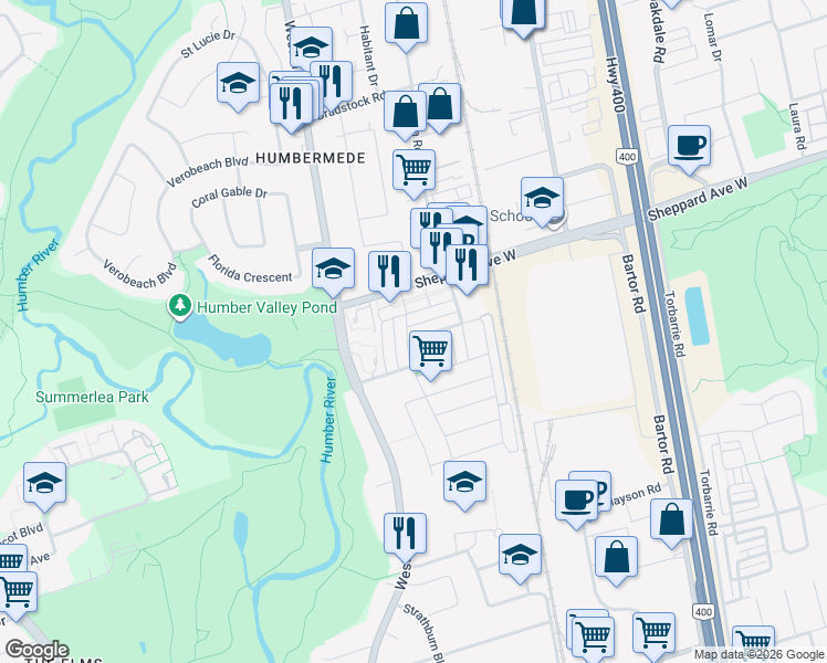 map of restaurants, bars, coffee shops, grocery stores, and more near 245 Isaac Devins Boulevard in Toronto