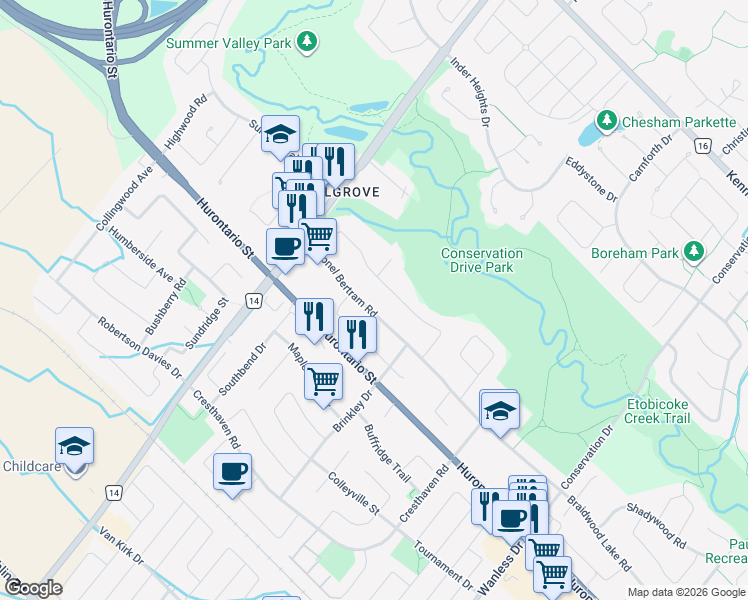map of restaurants, bars, coffee shops, grocery stores, and more near 73 Colonel Bertram Road in Brampton