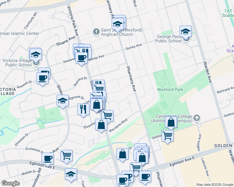 map of restaurants, bars, coffee shops, grocery stores, and more near 61 Shangarry Drive in Toronto