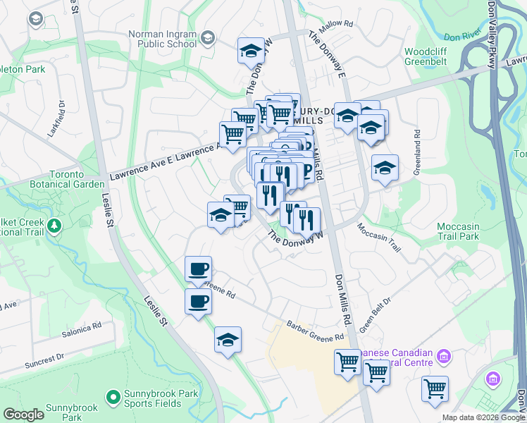 map of restaurants, bars, coffee shops, grocery stores, and more near 75 The Donway West in Toronto