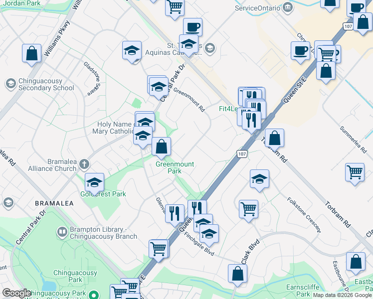 map of restaurants, bars, coffee shops, grocery stores, and more near 36 Greenmount Road in Brampton