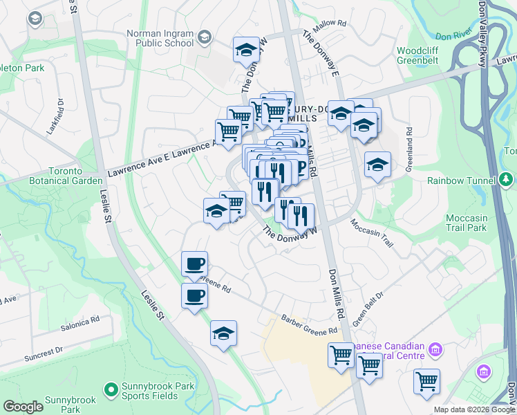 map of restaurants, bars, coffee shops, grocery stores, and more near 85 The Donway West in Toronto