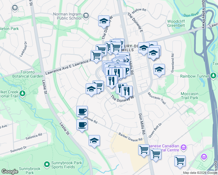 map of restaurants, bars, coffee shops, grocery stores, and more near 75 The Donway West in Toronto