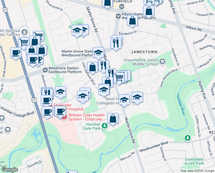 map of restaurants, bars, coffee shops, grocery stores, and more near 246 John Garland Boulevard in Toronto