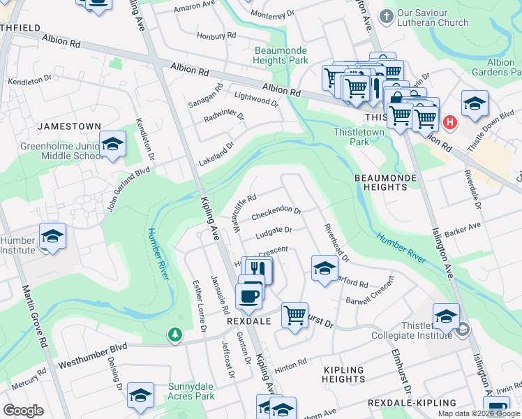 map of restaurants, bars, coffee shops, grocery stores, and more near 32 Checkendon Drive in Toronto