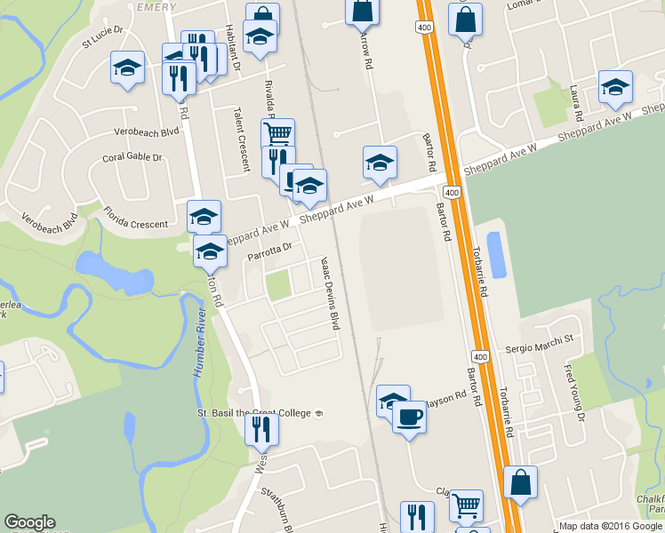 map of restaurants, bars, coffee shops, grocery stores, and more near in Toronto