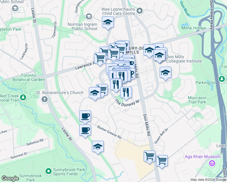 map of restaurants, bars, coffee shops, grocery stores, and more near 75 The Donway West in Toronto