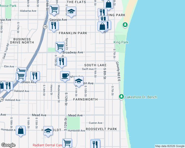 map of restaurants, bars, coffee shops, grocery stores, and more near 919 Dillingham Avenue in Sheboygan