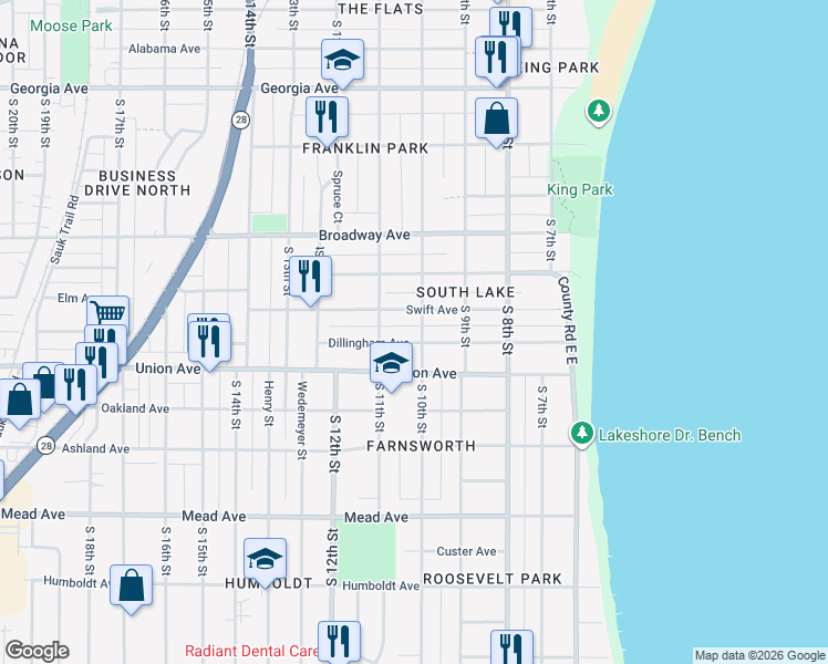 map of restaurants, bars, coffee shops, grocery stores, and more near 1017 Dillingham Avenue in Sheboygan