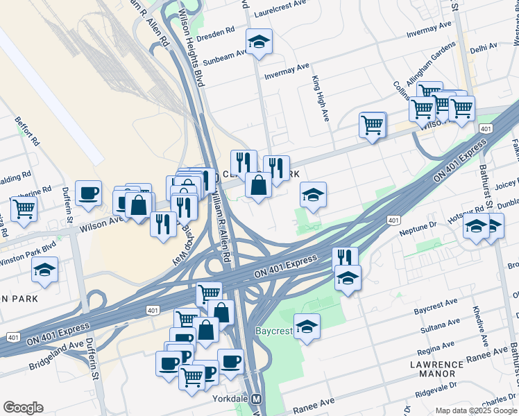 map of restaurants, bars, coffee shops, grocery stores, and more near in Toronto