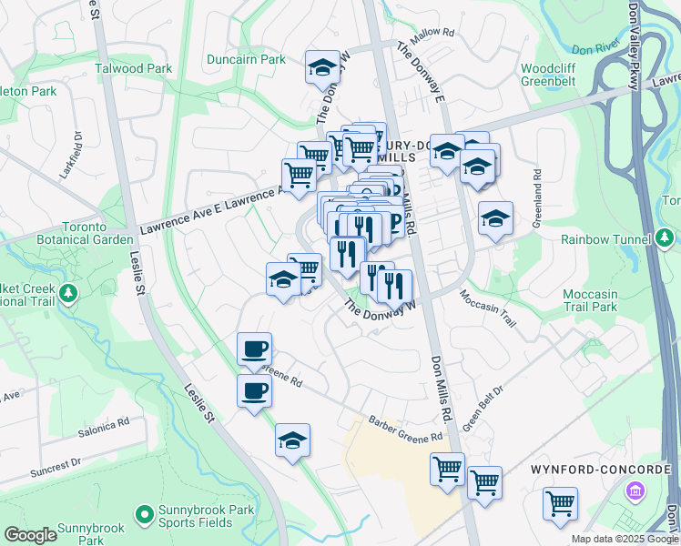 map of restaurants, bars, coffee shops, grocery stores, and more near 85 The Donway West in Toronto