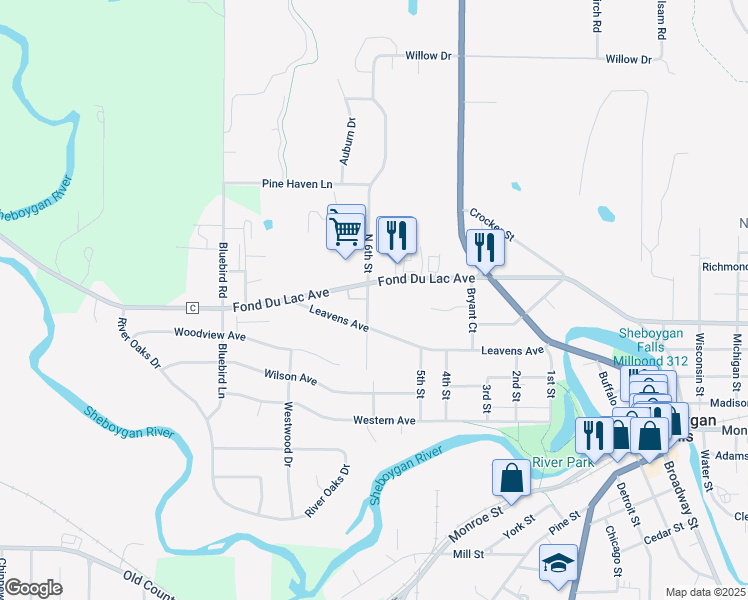 map of restaurants, bars, coffee shops, grocery stores, and more near 138 6th Street in Sheboygan Falls
