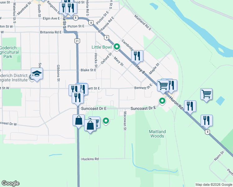 map of restaurants, bars, coffee shops, grocery stores, and more near 320 Walnut Street South in Goderich