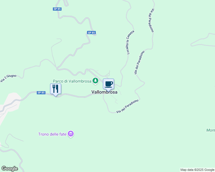 map of restaurants, bars, coffee shops, grocery stores, and more near SP 85 di Vallombrosa in Vallombrosa