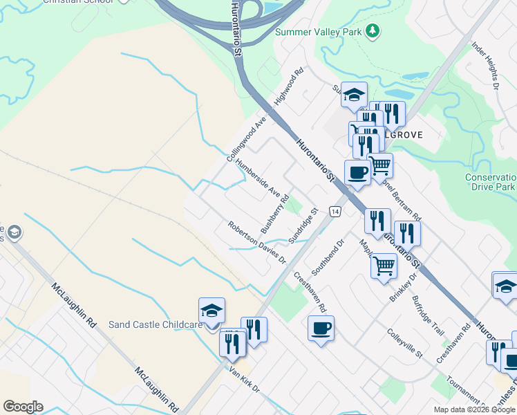 map of restaurants, bars, coffee shops, grocery stores, and more near 10 Bushberry Road in Brampton