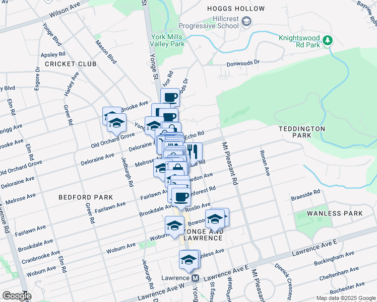 map of restaurants, bars, coffee shops, grocery stores, and more near 31 Teddington Park Avenue in Toronto
