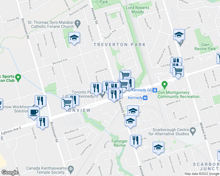 map of restaurants, bars, coffee shops, grocery stores, and more near 2420 Eglinton Avenue East in Toronto