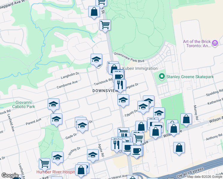 map of restaurants, bars, coffee shops, grocery stores, and more near 17 Calvington Drive in Toronto
