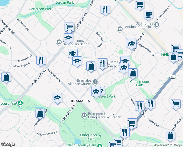 map of restaurants, bars, coffee shops, grocery stores, and more near in Brampton