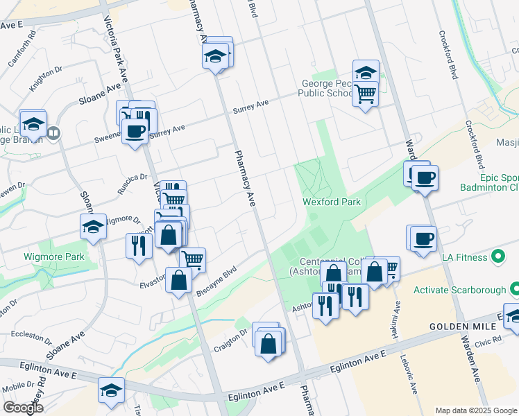 map of restaurants, bars, coffee shops, grocery stores, and more near 935 Pharmacy Avenue in Toronto