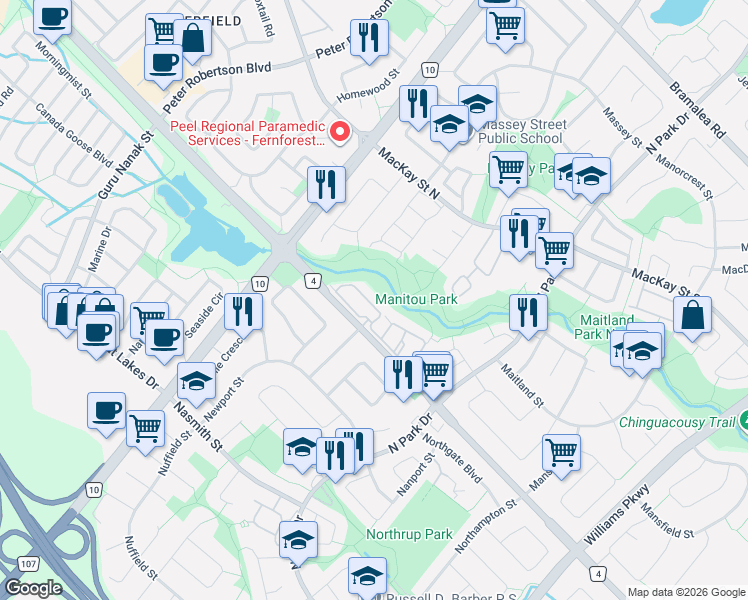 map of restaurants, bars, coffee shops, grocery stores, and more near 157 Moregate Crescent in Brampton