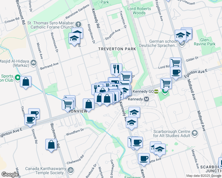 map of restaurants, bars, coffee shops, grocery stores, and more near 800 Kennedy Road in Toronto