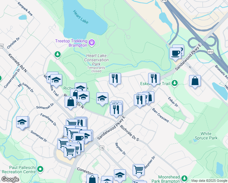 map of restaurants, bars, coffee shops, grocery stores, and more near in Brampton