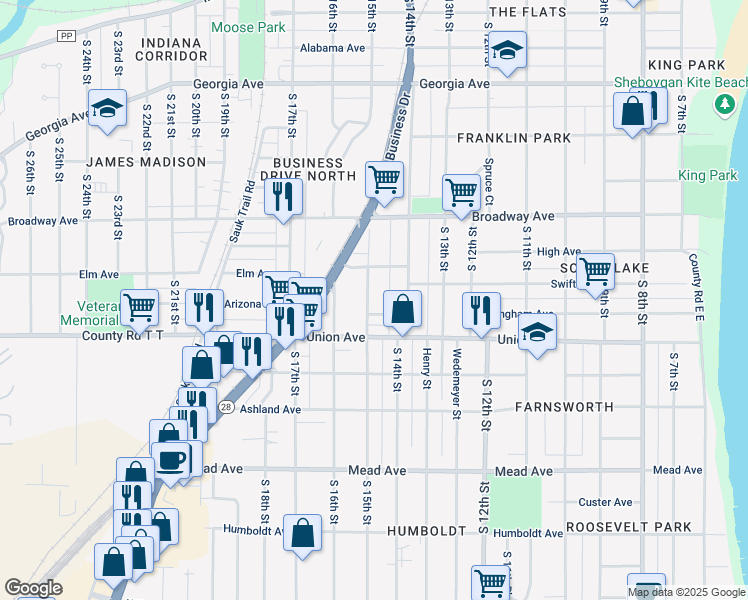 map of restaurants, bars, coffee shops, grocery stores, and more near 2003 South 15th Street in Sheboygan