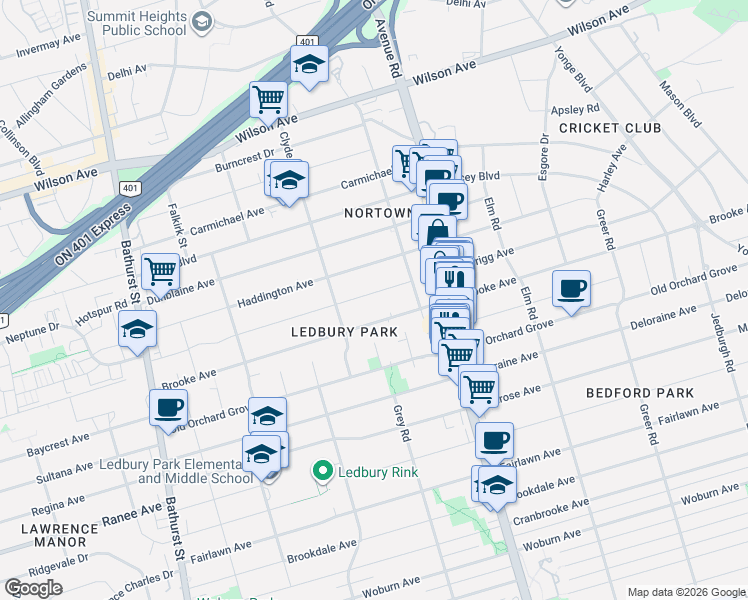 map of restaurants, bars, coffee shops, grocery stores, and more near 23 Bannockburn Avenue in Toronto