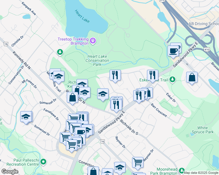map of restaurants, bars, coffee shops, grocery stores, and more near 54 Royal Palm Drive in Brampton