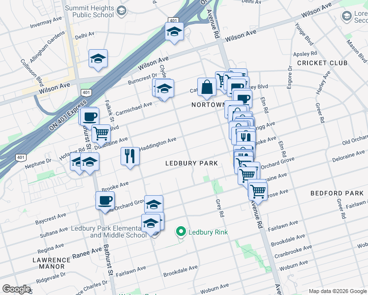 map of restaurants, bars, coffee shops, grocery stores, and more near in Toronto