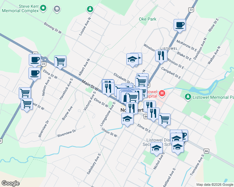 map of restaurants, bars, coffee shops, grocery stores, and more near in Listowel