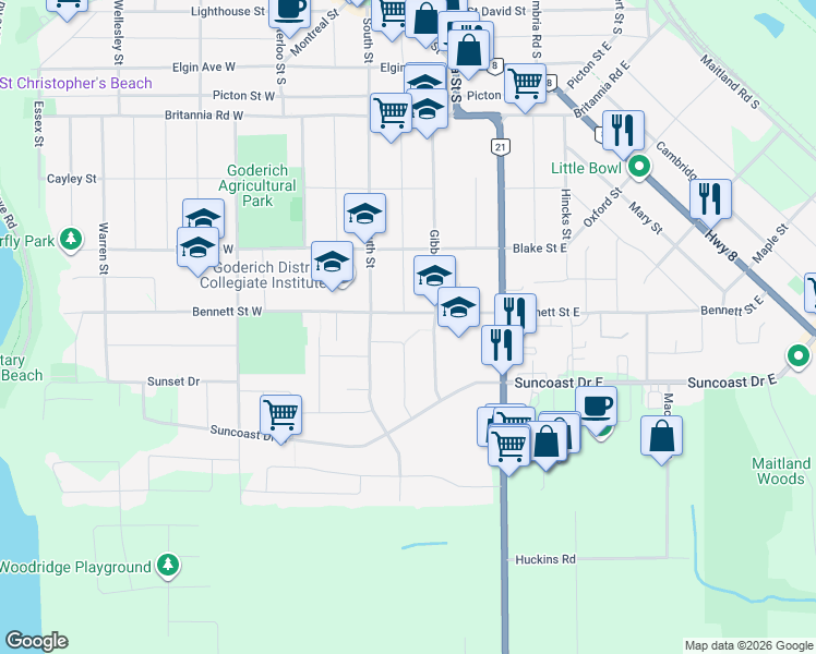 map of restaurants, bars, coffee shops, grocery stores, and more near 26 Bennett Street East in Goderich