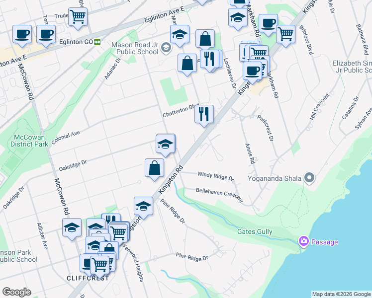 map of restaurants, bars, coffee shops, grocery stores, and more near 3280 Kingston Road in Toronto