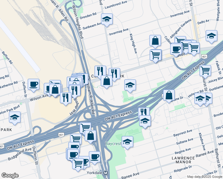map of restaurants, bars, coffee shops, grocery stores, and more near Tippett Road in Toronto