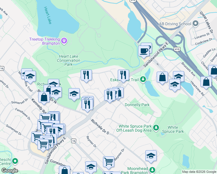 map of restaurants, bars, coffee shops, grocery stores, and more near 39 Rushmore Crescent in Brampton