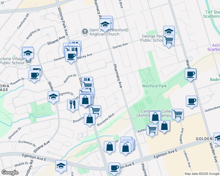map of restaurants, bars, coffee shops, grocery stores, and more near in Toronto