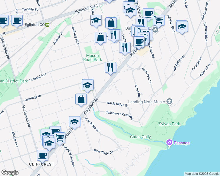 map of restaurants, bars, coffee shops, grocery stores, and more near 3311 Kingston Road in Toronto