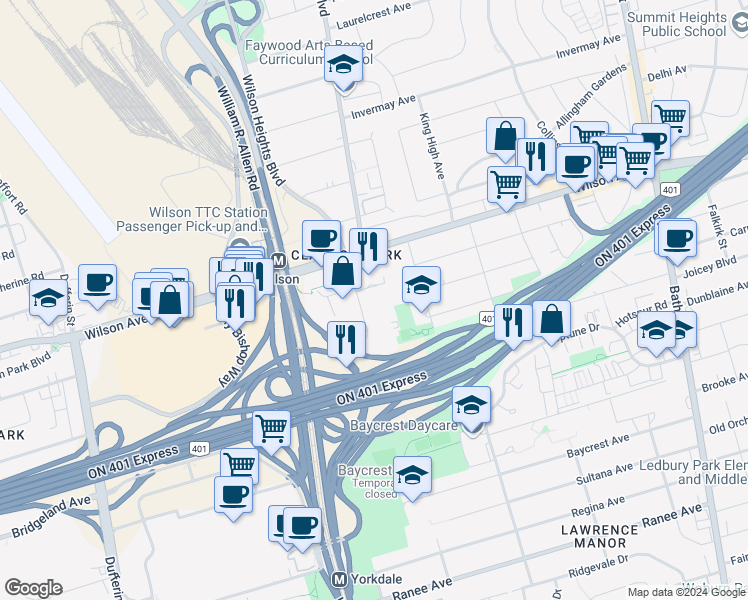 map of restaurants, bars, coffee shops, grocery stores, and more near in Toronto