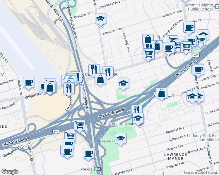 map of restaurants, bars, coffee shops, grocery stores, and more near in Toronto