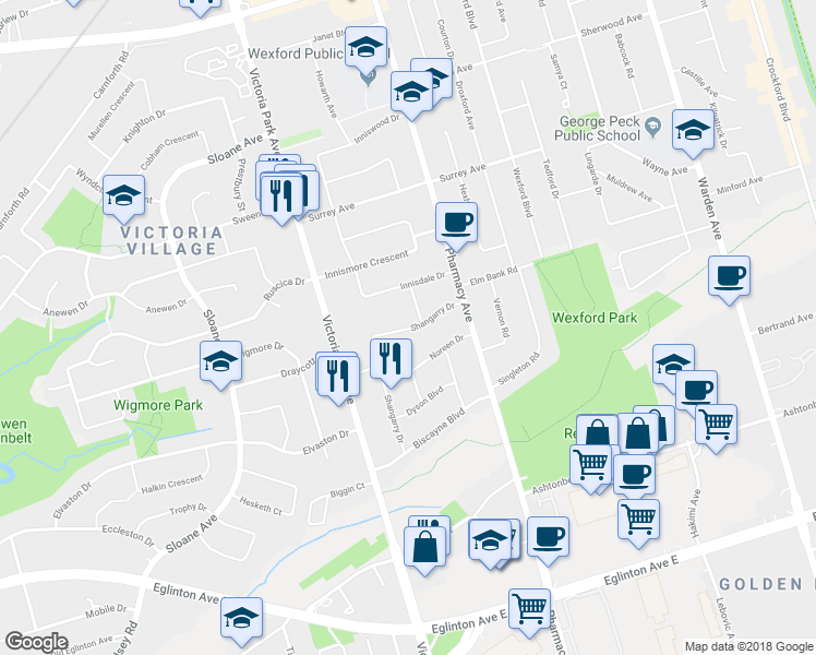 map of restaurants, bars, coffee shops, grocery stores, and more near 61 Shangarry Drive in Toronto