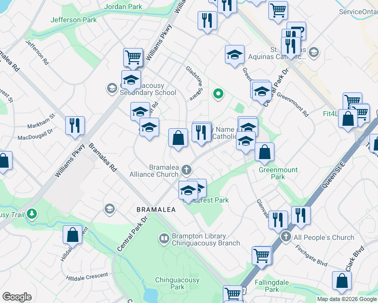 map of restaurants, bars, coffee shops, grocery stores, and more near 900 Central Park Drive in Brampton